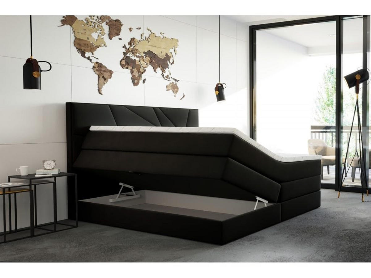 BOXSPRINGBETT VERDE LUX 200x200 cm, Bonell und Taschenmatratze, Topper 5 cm und Stauraum, Samtstoff, Schwarz - Schwarz, Holz/Kunststoff (200/200cm) - Trada