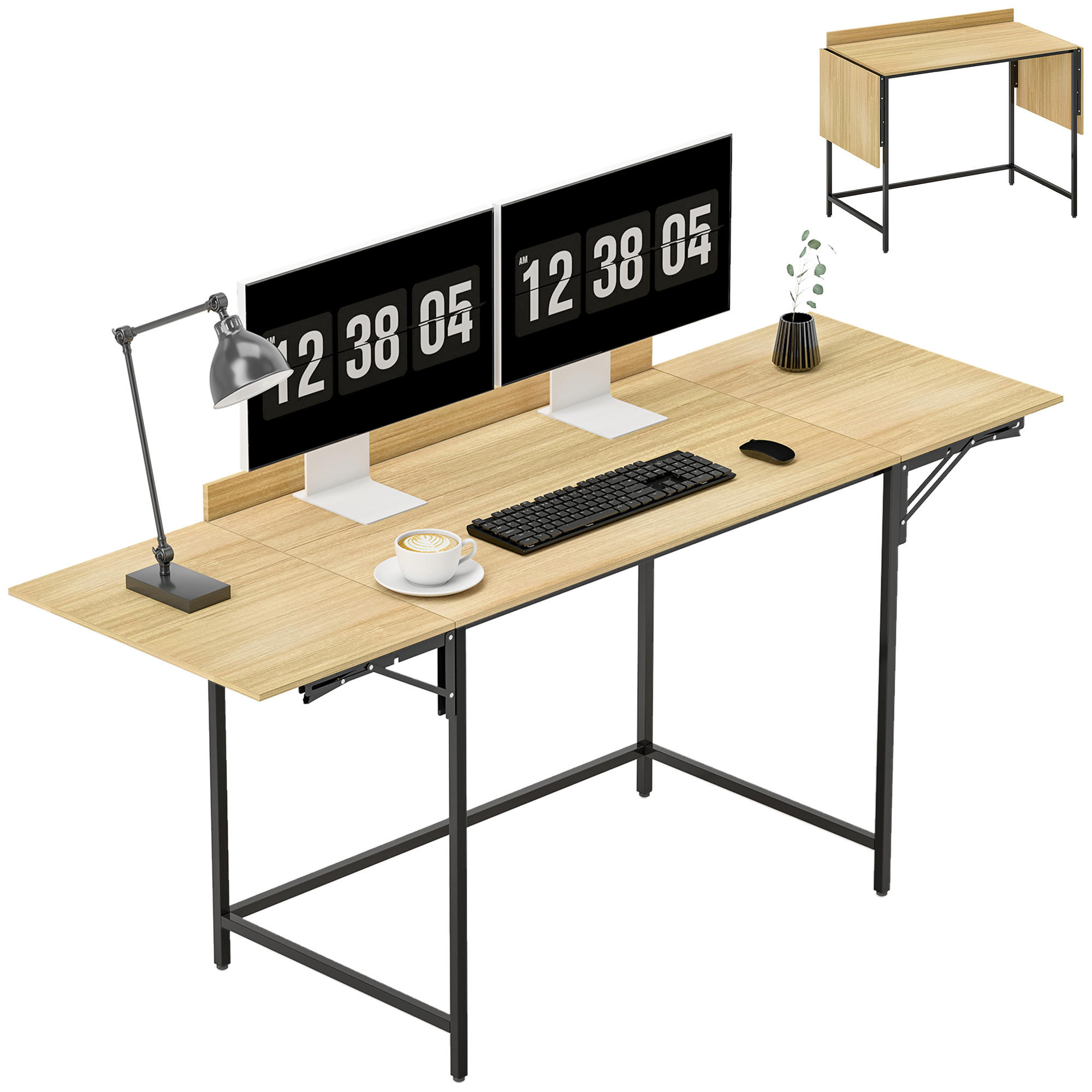COMPUTERTISCH Eichefarben und Schwarz klappbar mit Ausziehplatten 170/58/78 cm - Eichefarben, Holzwerkstoff (58/170/78cm) - PANGIVO