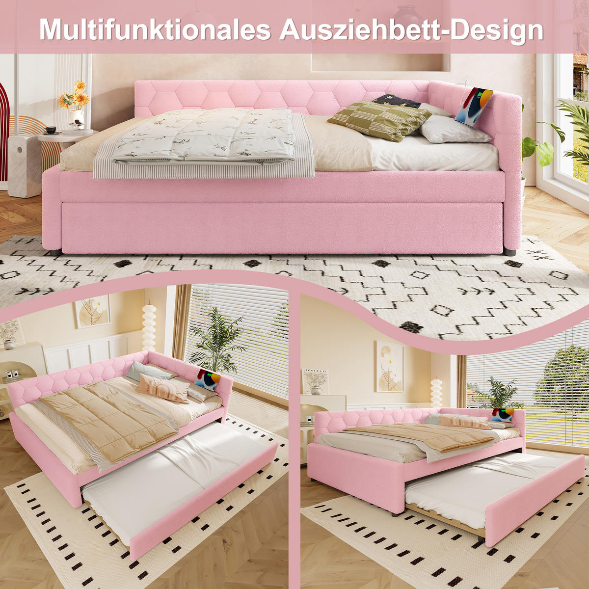 TAGEBETT 140x200cm Rosa Vliesimitat Nachttischlampe Ausziehbett USB-C - Pink, Holz (140/200cm) - FLIEKS