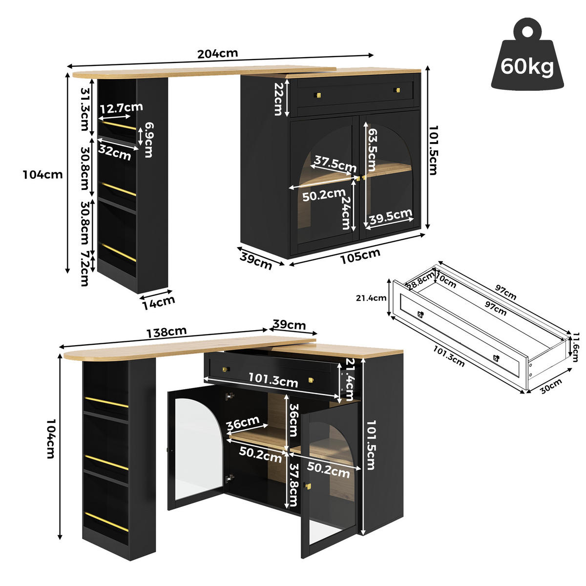 BARTISCH, MDF ausziehbar 138-204/39/104 cm mit Stauraum & 360° drehbar, Schwarz - Schwarz, Holzwerkstoff (39/104/138cm) - Redom