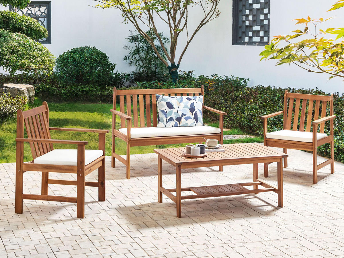 LOUNGE SET 4-Sitzer Akazienholz hellbraun Auflagen weiß Altidona - Creme, Holz - Beliani