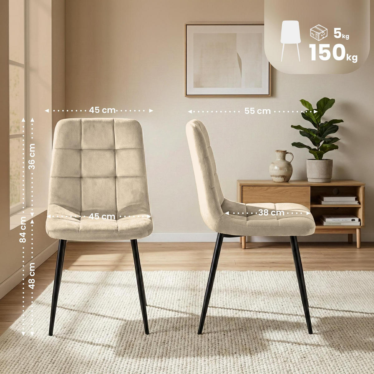 STUHL Samt Cremeweiß - Creme/Schwarz, Textil/Metall (45/84/55cm) - CLP