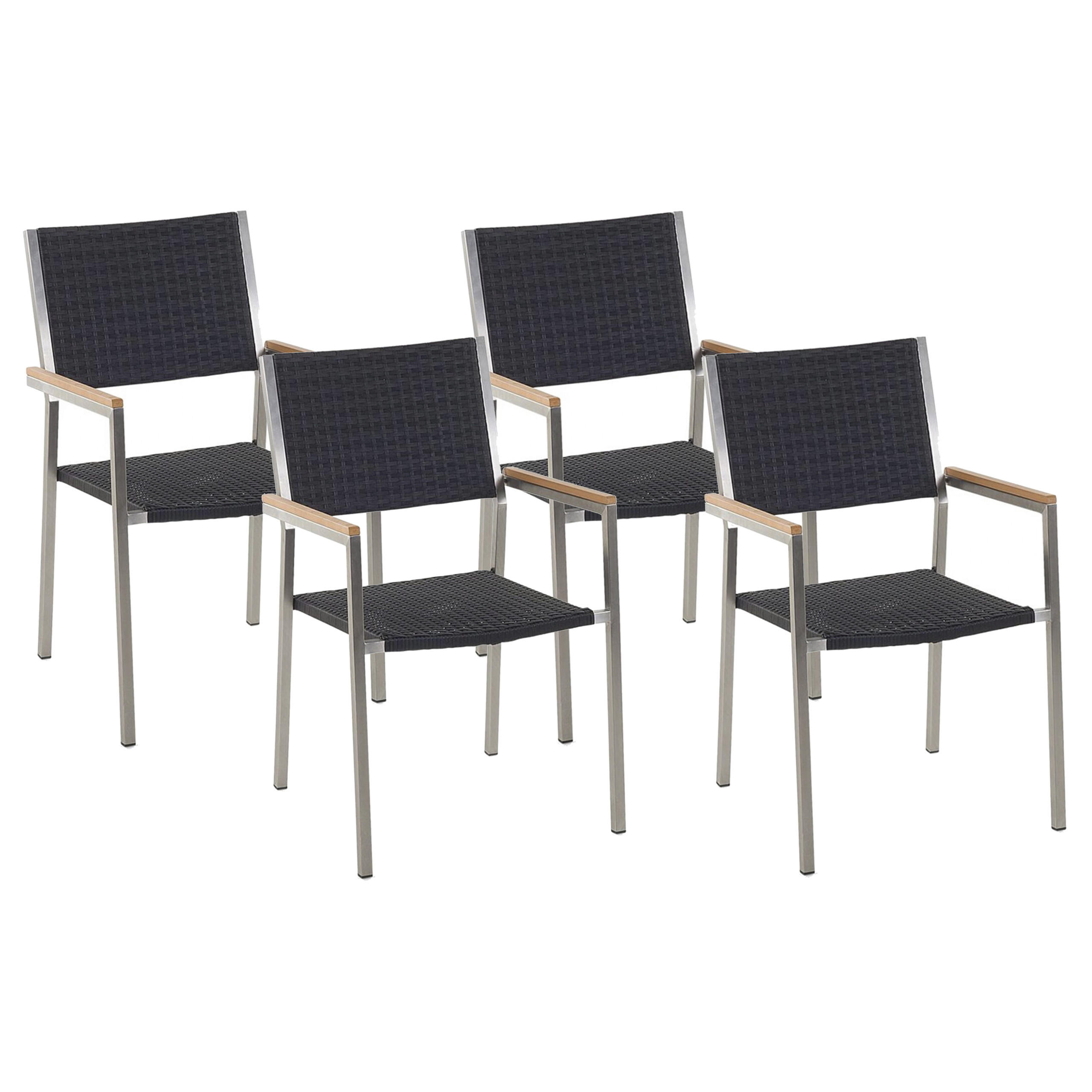 GARTENSTUHL 4er-Set Rattan Edelstahl Grosseto - Silberfarben/Schwarz, Kunststoff (55/87/58cm) - Beliani