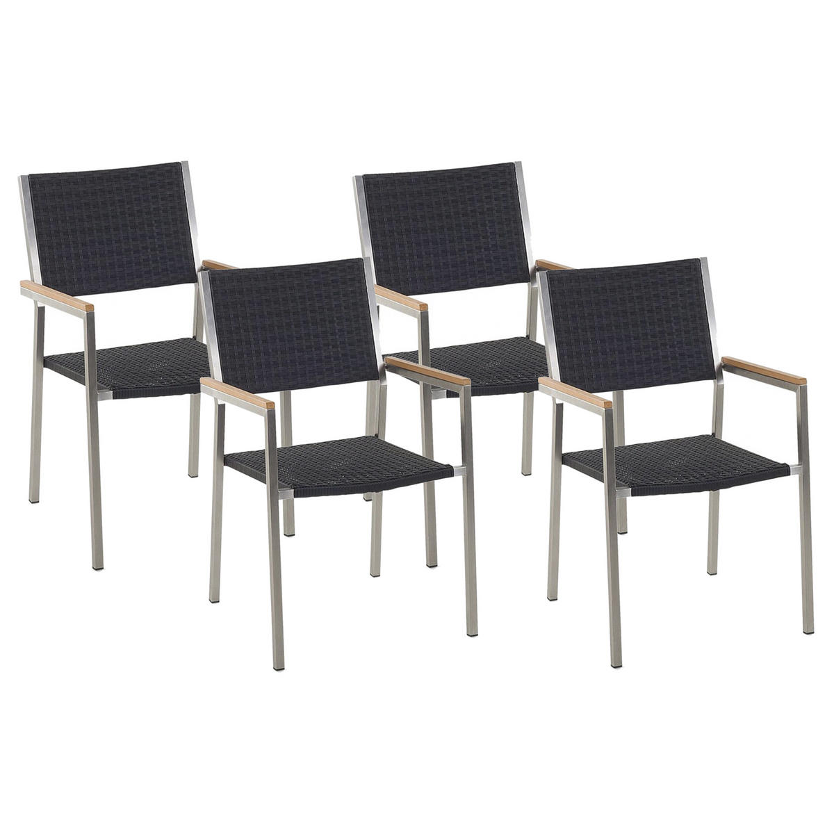 GARTENSTUHL 4er-Set Rattan Edelstahl Grosseto - Silberfarben/Schwarz, Kunststoff (55/87/58cm) - Beliani