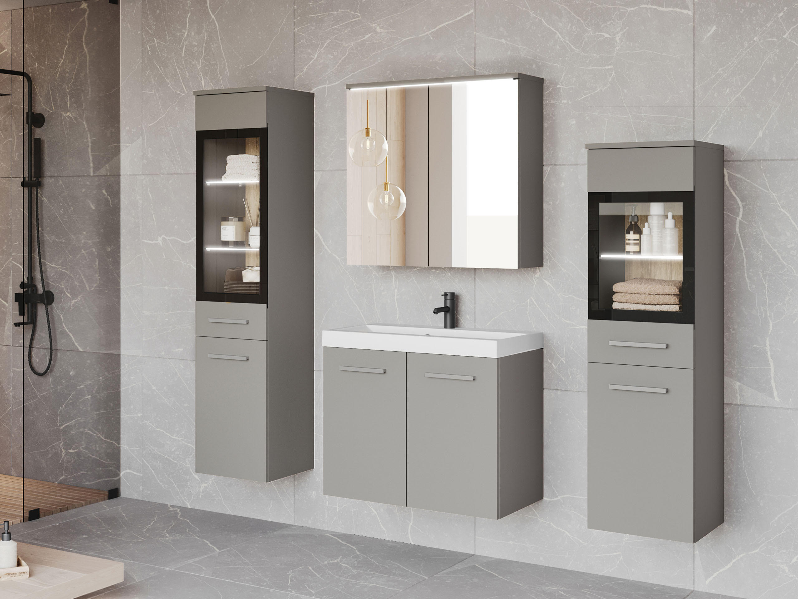 BADMÖBEL-SET Madrit II mit weißer LED Beleuchtung - Greige/Silberfarben, Holzwerkstoff/Kunststoff (132/132/30cm) - MIRJAN24
