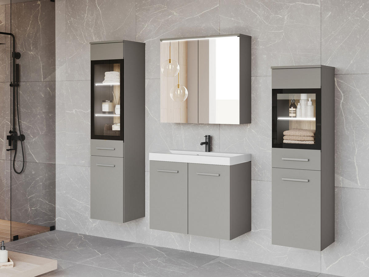 BADMÖBEL-SET Madrit II mit weißer LED Beleuchtung - Greige/Silberfarben, Holzwerkstoff/Kunststoff (132/132/30cm) - MIRJAN24
