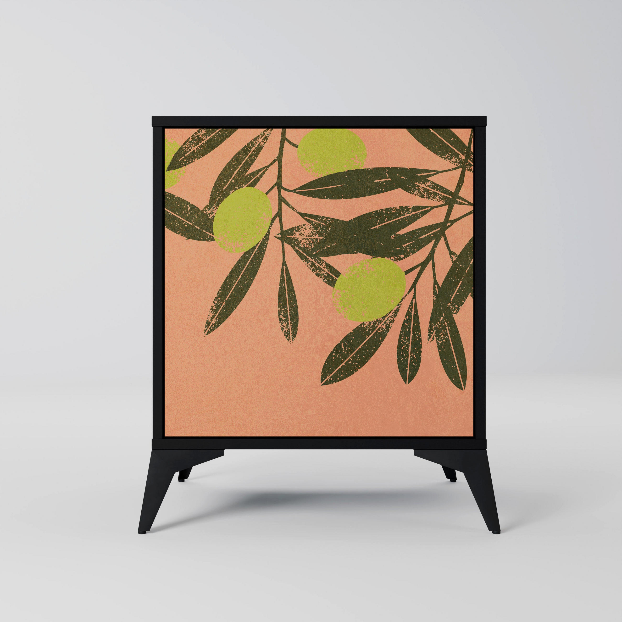 SIDEBOARD JUICY OLIVES, Schwarz, 57,5x42x70,5 cm, Schwarze Metall-Sternfüße - Multicolor/Schwarz, Holzwerkstoff/Metall (57.5/70.5/42cm) - SpaceRebels