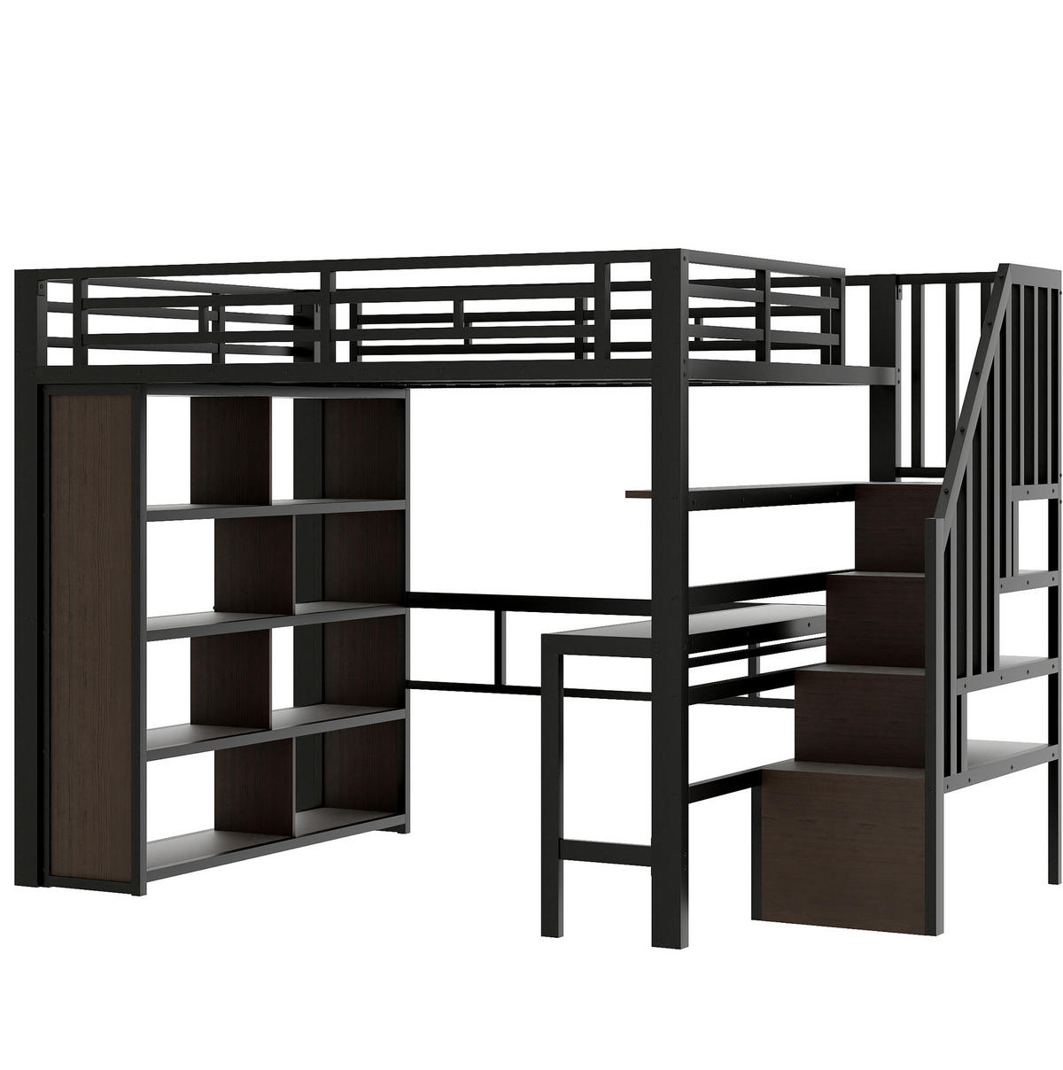HOCHBETT aus Metall und MDF 140x200 cm Schwarz mit Schreibtisch, Stauraumtreppe und LED-Beleuchtung - Schwarz, Metall (140/200cm) - IVMEU