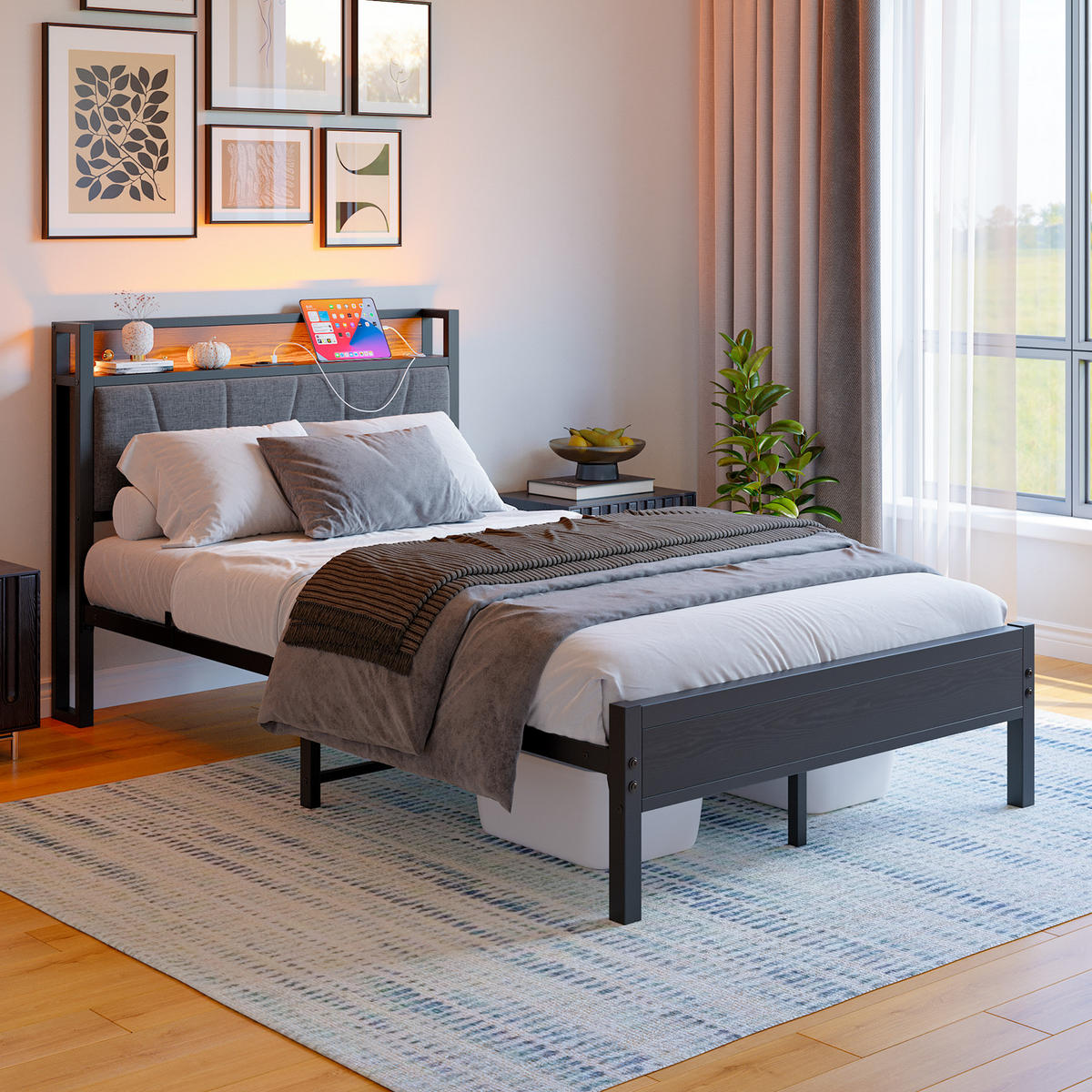 METALLBETT 120/200 cm Schwarz mit LED und USB - Schwarz, Metall (120/200cm) - Oxeza