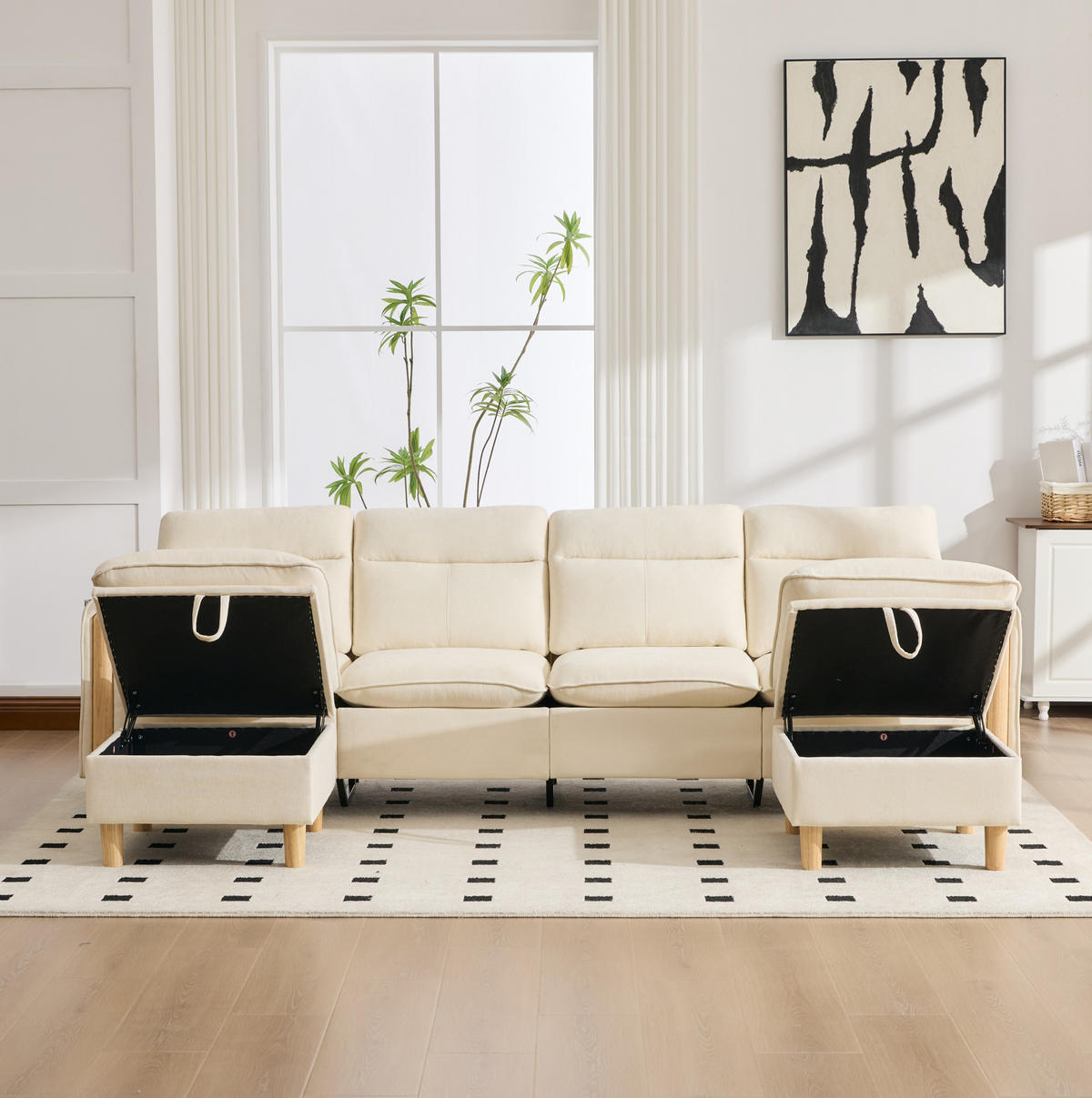 SOFA 261/77/86 cm in Beige mit Chenillebezug und 2 Stauraumhockern - Beige, Textil (77/86/261cm) - Flora Grace