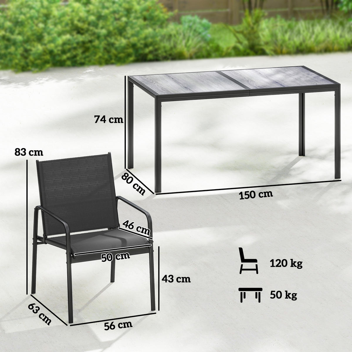 GARTENMÖBELSET 7-teilig,6 Texteline-Stühle+Holzoptik Couchtisch,schwarz - Schwarz, Metall - Vallsero