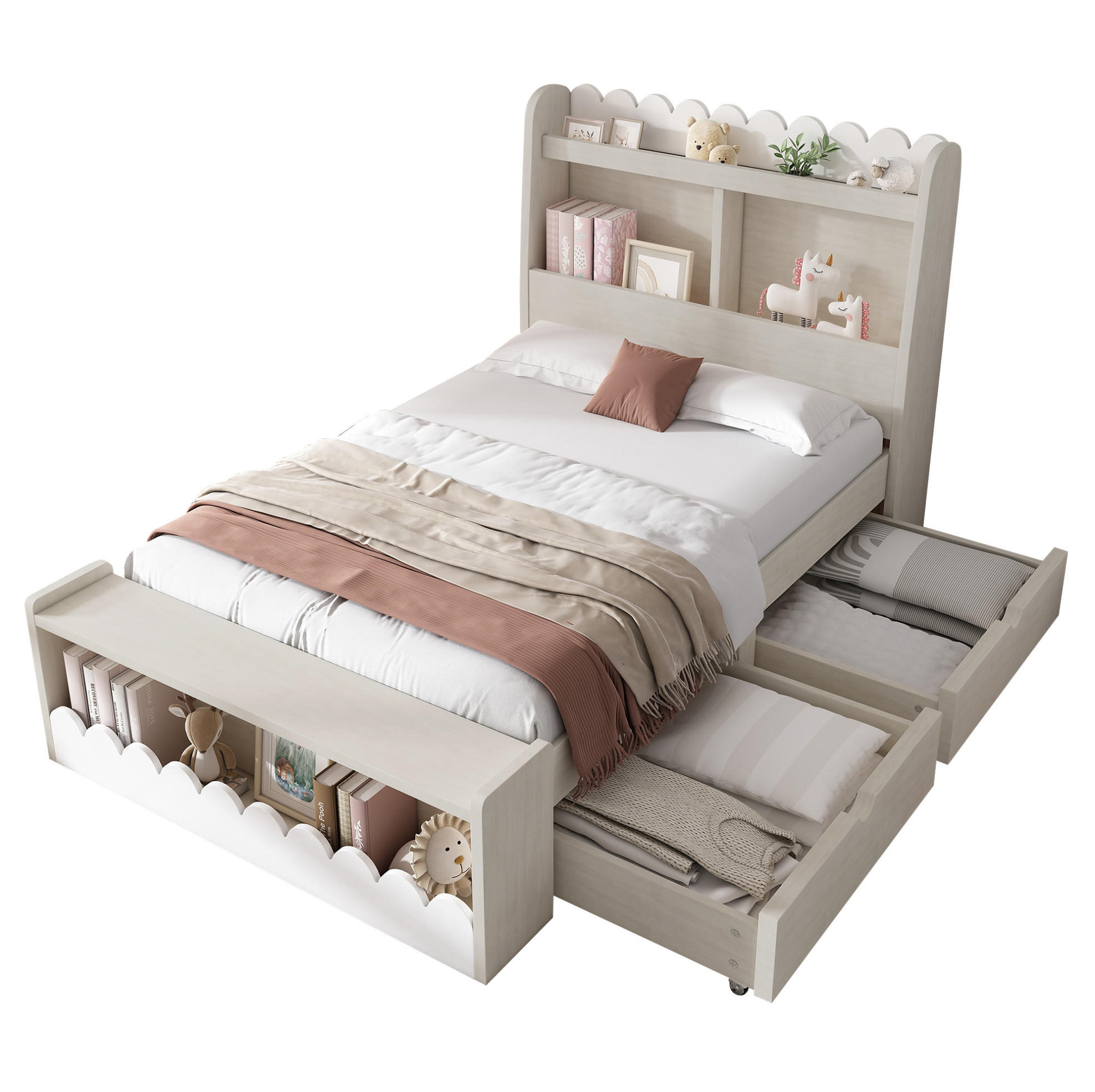 POLSTERBETT 90/200 cm Weiß und Eichefarben aus Massivholz und MDF mit Stauraum - Weiß, Holzwerkstoff (90/200cm) - OKMYHOME