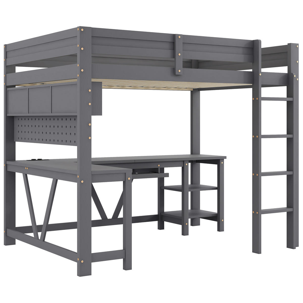 HOCHBETT aus Kiefernholz und MDF 90x200 cm Grau mit Schreibtisch, LED-Beleuchtung und Ladestation - Grau, Holzwerkstoff (90/200cm) - IVMEU