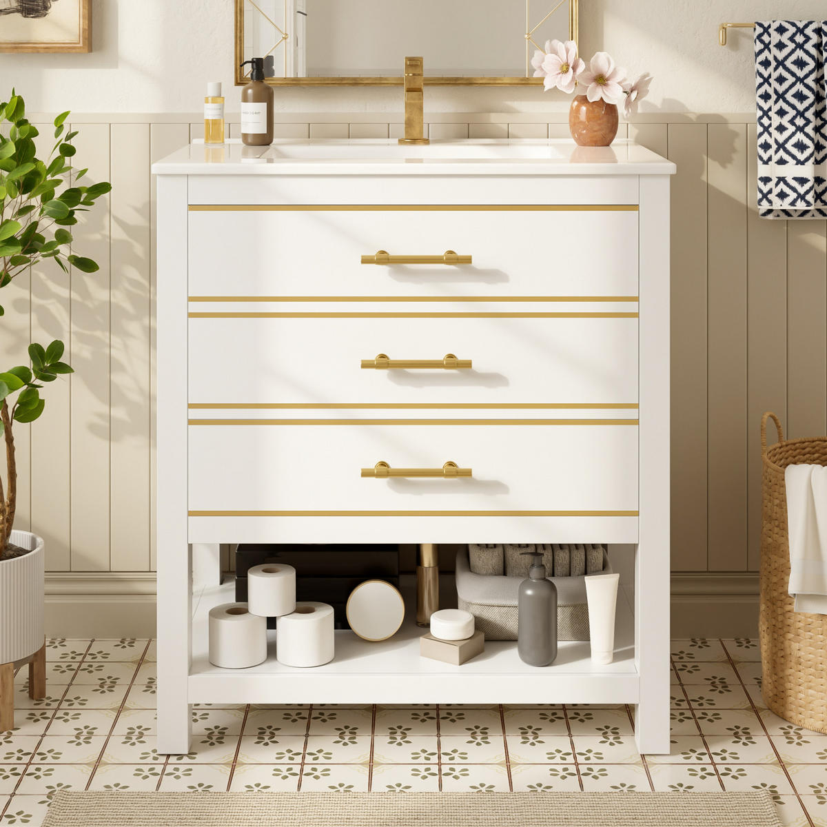 WASCHTISCH Badmöbel mit Keramikbecken Weiß 2 Schubladen Offenes Fach Goldgriffe - Goldfarben, Holz/Metall (76/86/46cm) - PARAFTA HOME