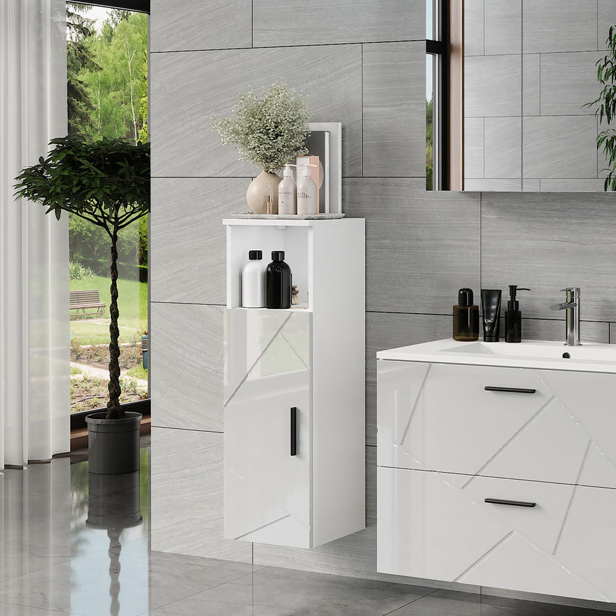 MIDISCHRANK Irma Weiß/Weiß Hochglanz 30 x 93 cm mit Tür - Weiß Hochglanz, Holzwerkstoff (30/93/30cm) - Vicco