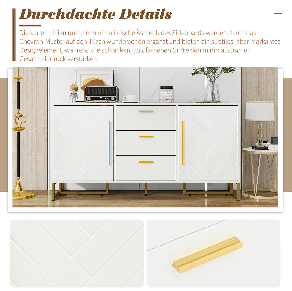 SIDEBOARD 145/40/75 cm Weiß aus MDF mit 2 Türen und 3 Schubladen - Weiß, Holzwerkstoff (40/75/145cm) - OKMYHOME