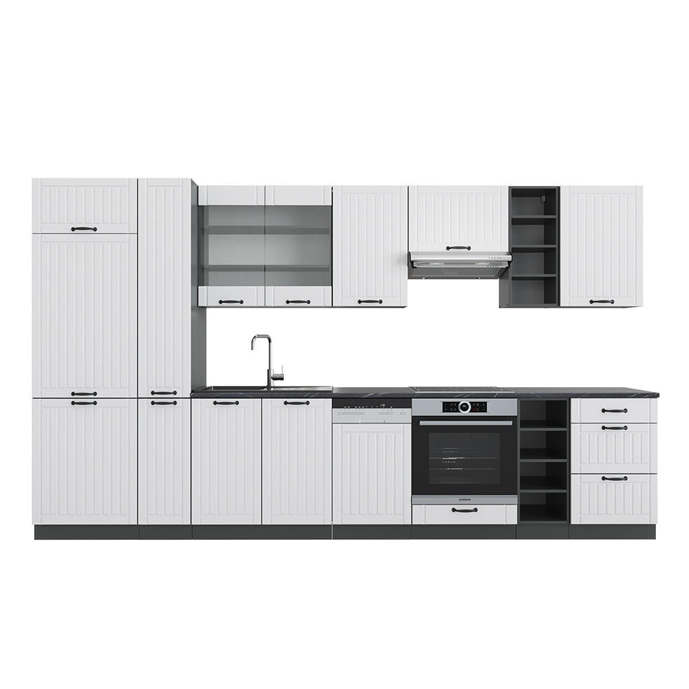 KÜCHENZEILE Fame-Line Weiß Landhaus/Anthrazit 355 cm mit Hochschrank ohne AP - Anthrazit/Weiß, Holzwerkstoff (355/81.6/46cm) - Vicco