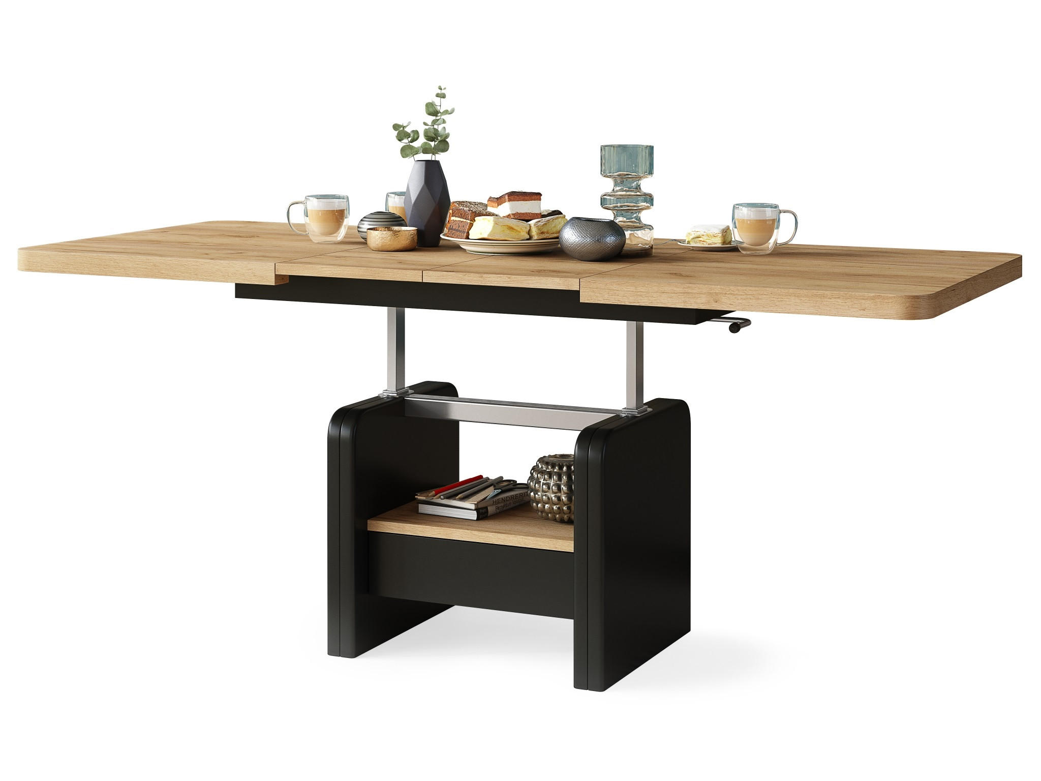 COUCHTISCH rechteckig Eiche Gold - Schwarz höhenverstellbar ausziehbar - Eichefarben/Schwarz, Holzwerkstoff (75/180/75cm) - designimpex