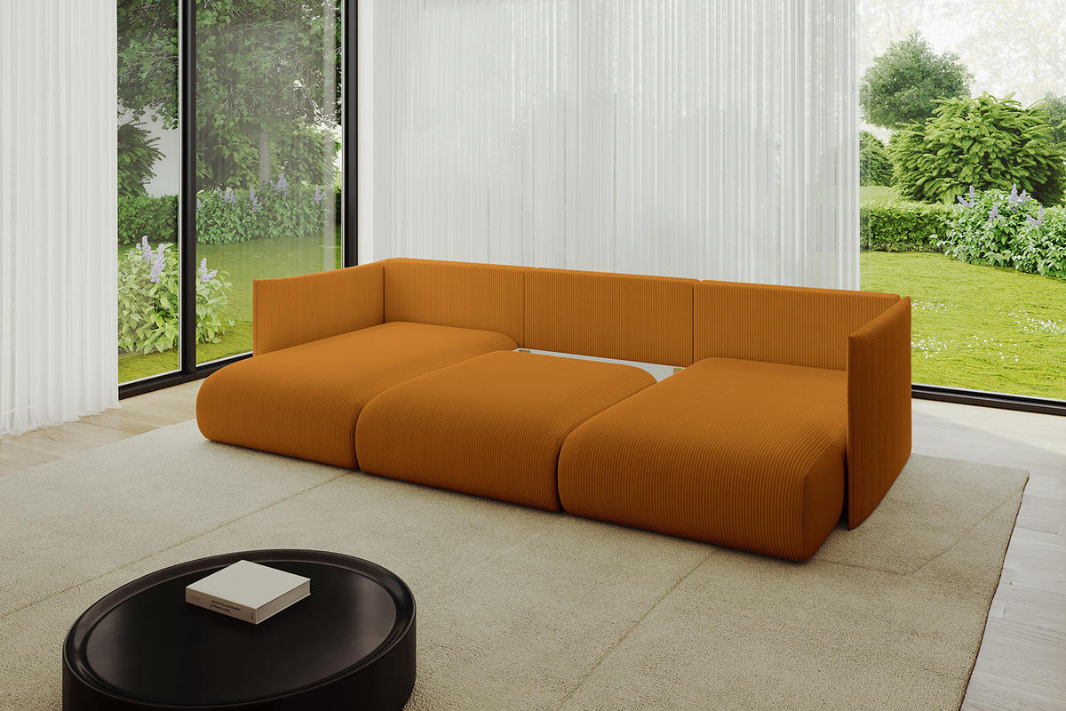 WOHNLANDSCHAFT mit Schlaffunktion und Bettkasten ONESK-U 304x165x40 Senfgelb Cord - Currygelb, Holzwerkstoff/Kunststoff (304/90/165cm) - ALTDECOR