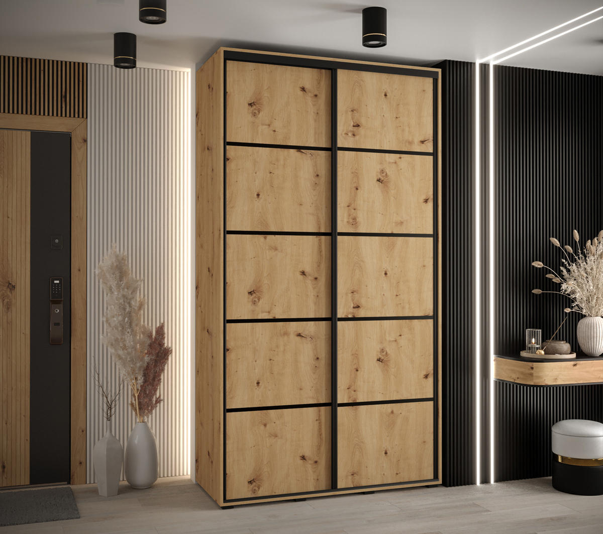 SCHWEBETÜRENSCHRANK 235,2/130/45 2-türig - Schwarz/Eiche Artisan, Holz/Metall (130/235/45cm) - Abiks Möbel