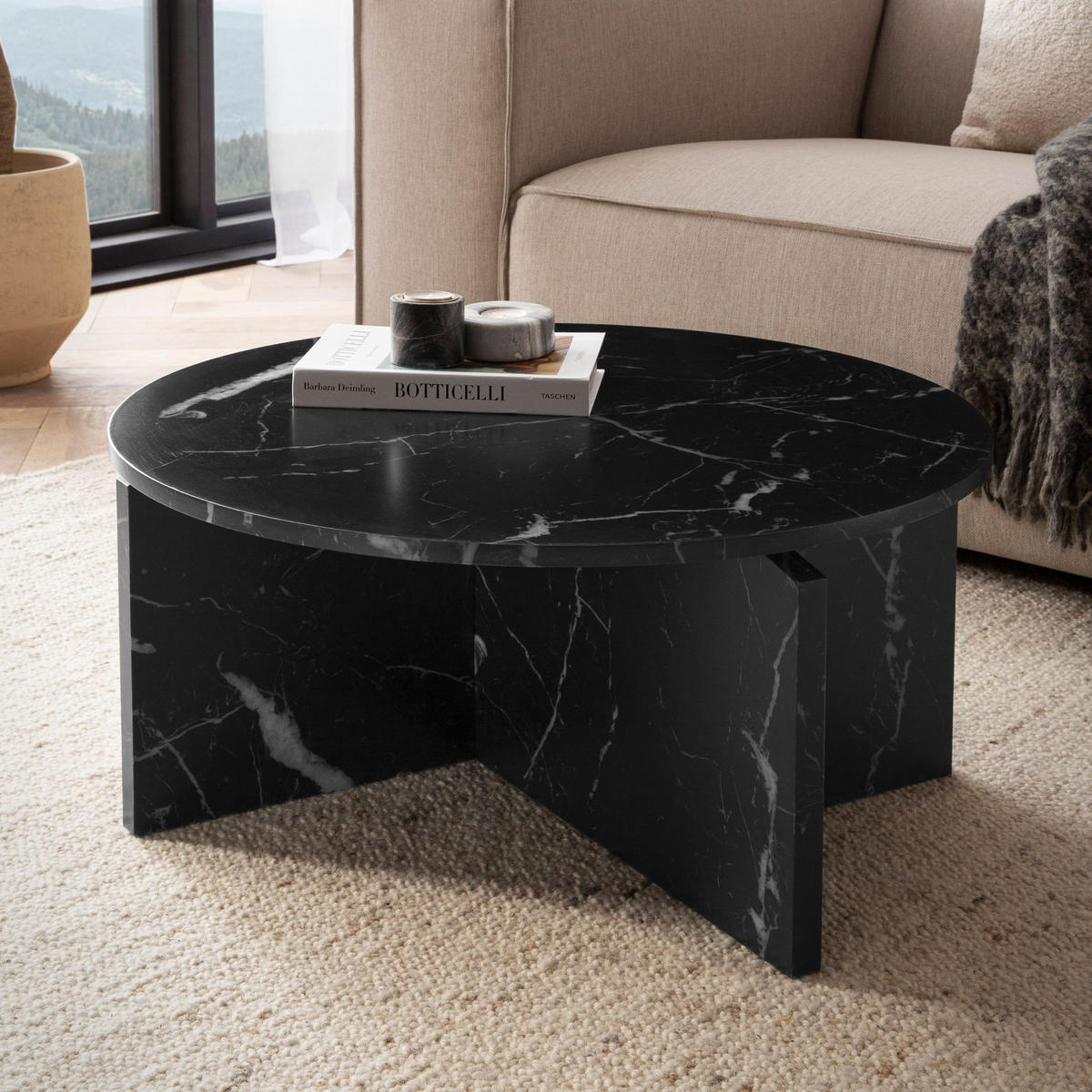COUCHTISCH rund in Stein-Optik – modernes Design in Großformat, Schwarz 70x70x33 cm - Schwarz, Holzwerkstoff (70/70/33cm) - KADIMA DESIGN