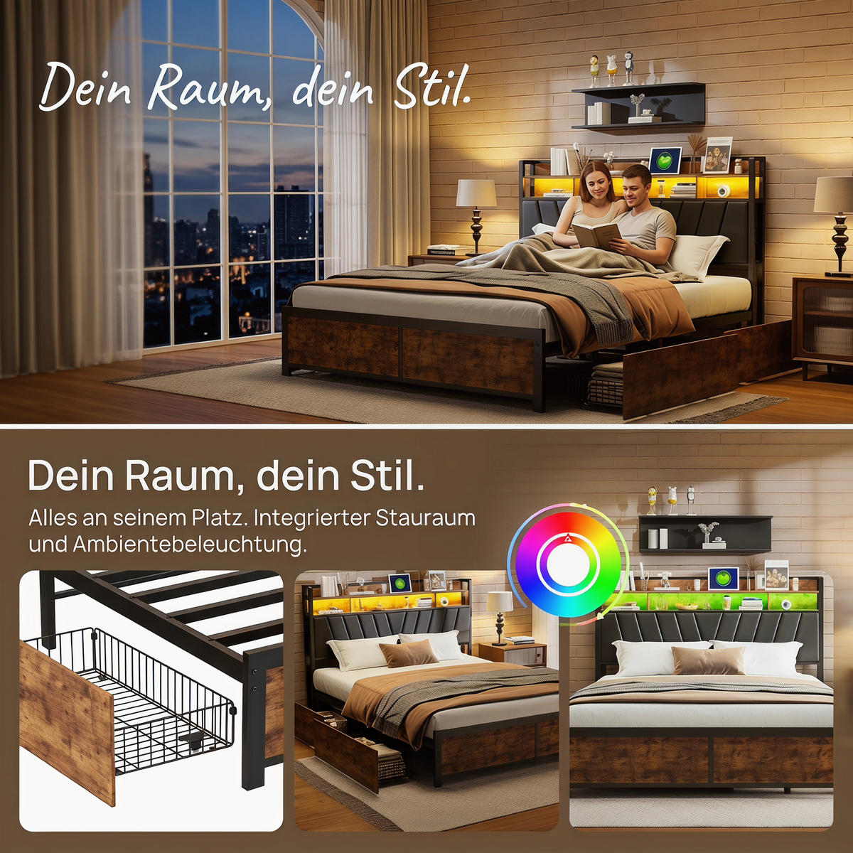 DOPPELBETT 180/200 cm mit Schubladen LED-Beleuchtun und USB - Braun, Holz (180/200cm) - PARAFTA HOME