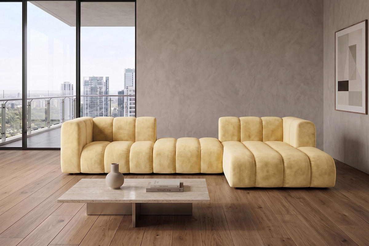 ECKSOFA Modulares In L-Form, Velvet-Stoff Riviera, Buttergelb, Rechts, GRAND 319 cm - Hellgelb, Holz (319/175cm) - Kaiser Möbel