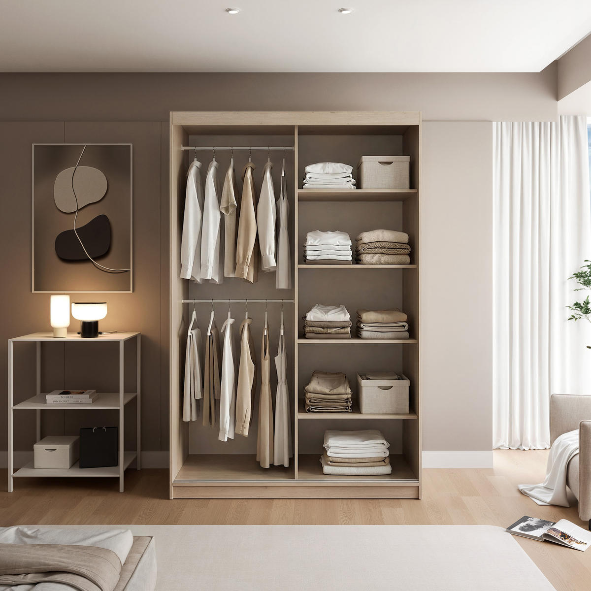 SCHIEBETÜRENSCHRANK SILENTE 140 cm mit Einlegeböden und Kleiderstange - Braun, Holzwerkstoff (140/205/60cm) - Idohome