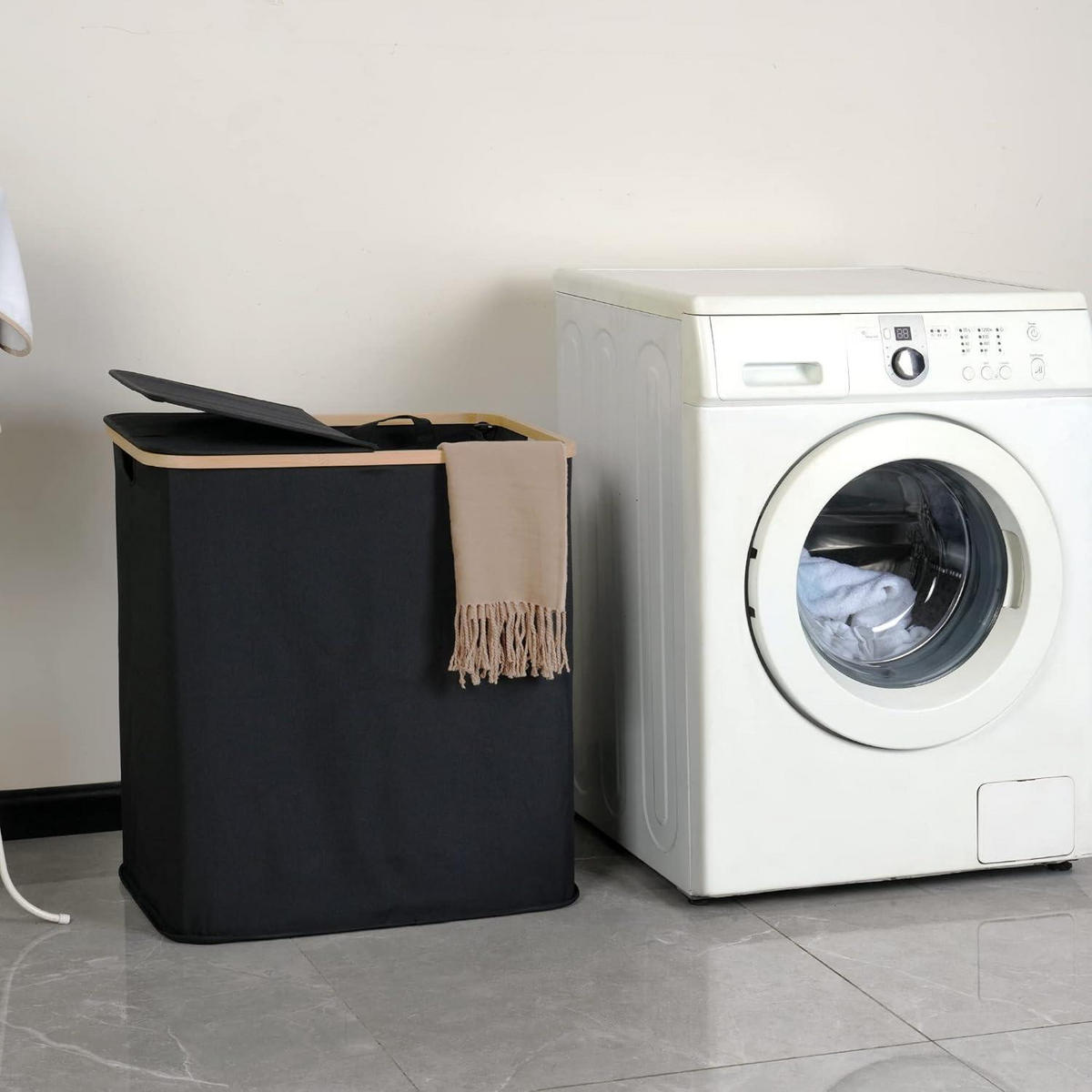 WÄSCHEKORB mit Deckel und 2 Fächern 140 l Schwarz - Schwarz, Naturmaterialien (37/65/57cm)