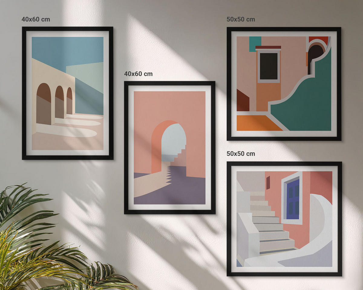 BILDER SET 4er Set - 50x50 cm & 40x60 cm Schwarzer Rahmen - Minimalistische Pastellgrafiken - Schwarz, Kunststoff (50/50cm) - TULUP