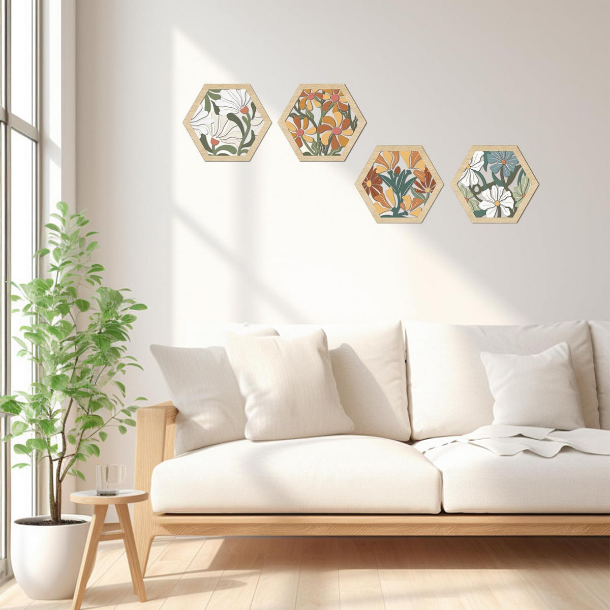 WANDDEKO Bunt 20,32x25,4cm Blumen Holz 4er Set - Akaziefarben, Holzwerkstoff (25/1cm) - Weltevree