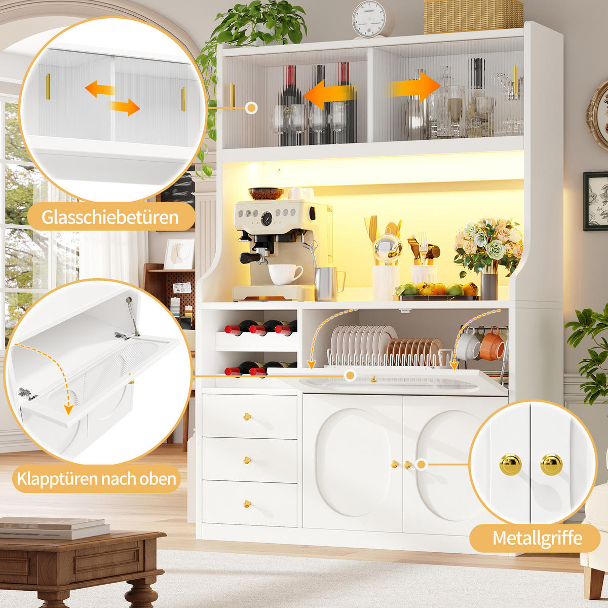 BUFFET DE-38487 120/40/180 cm mit LED-Beleuchtung und Weinregal Weiß - Weiß, Holzwerkstoff (120/180/40cm) - ComfortXL