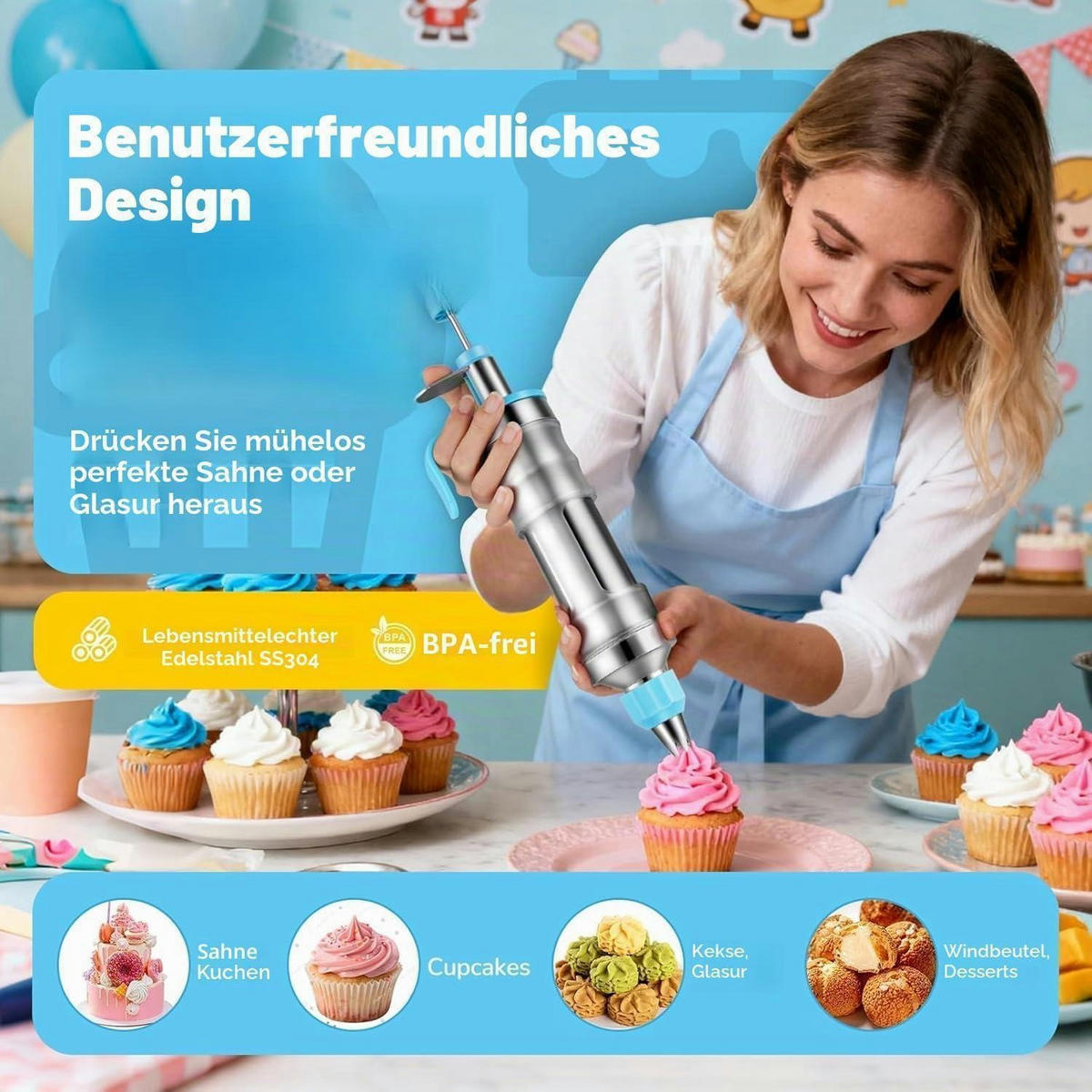 KUCHENDEKORATIONSSET Spritzpistole Edelstahl Blau - Blau, Metall (8.5/1/28.4cm)
