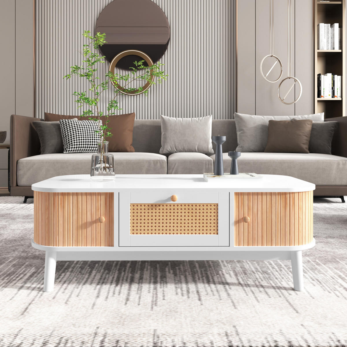 COUCHTISCH Weiß mit Schubladen, Schiebetüren und Stauraum - Cognac, Metall (110/55/38cm)