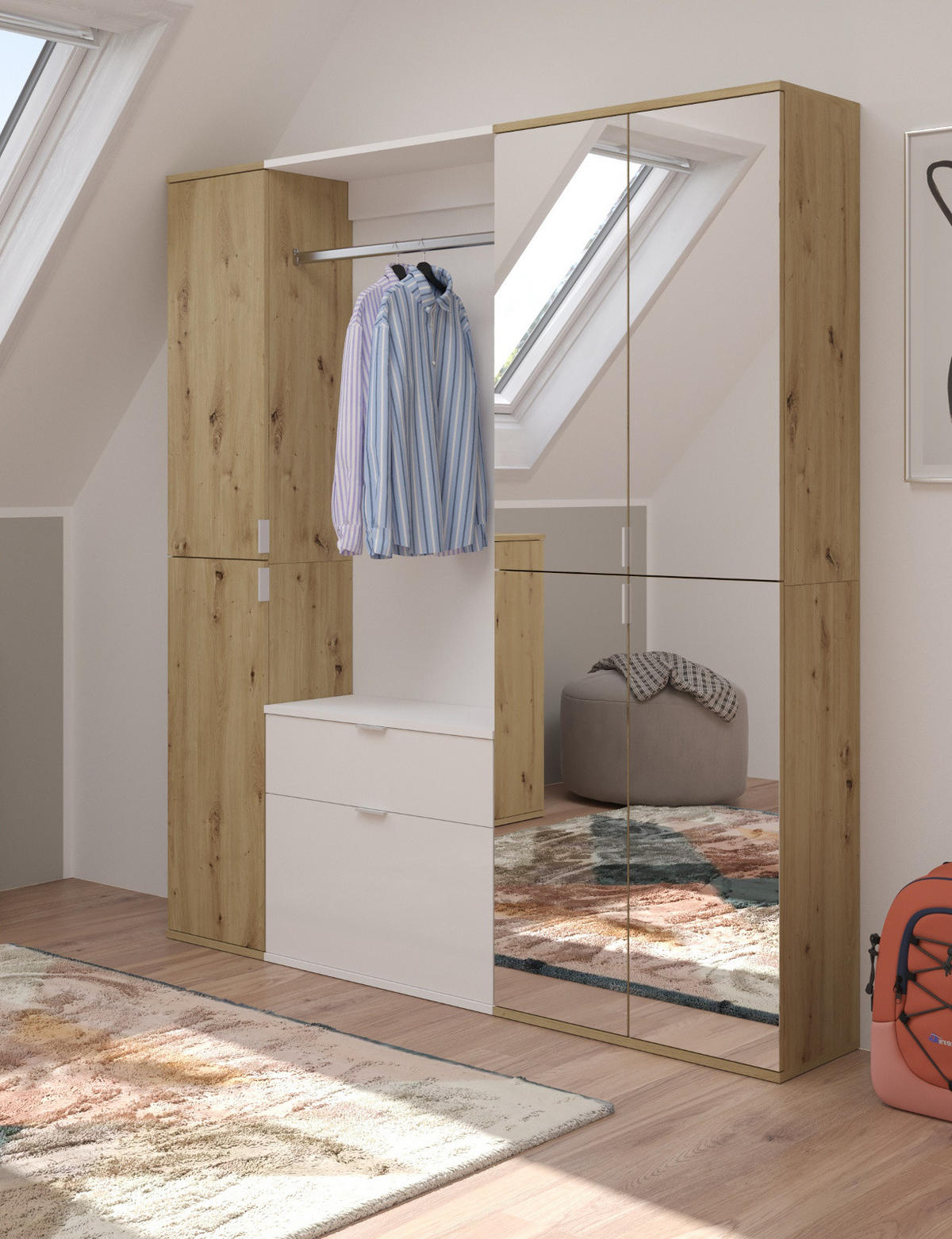 GARDEROBEN-SET Eiche, weiß Hochglanz 152 cm, Komplettset mit viel Stauraum - Chromfarben/Weiß Hochglanz, Glas/Holzwerkstoff (152/193/34cm) - Inn.Furn