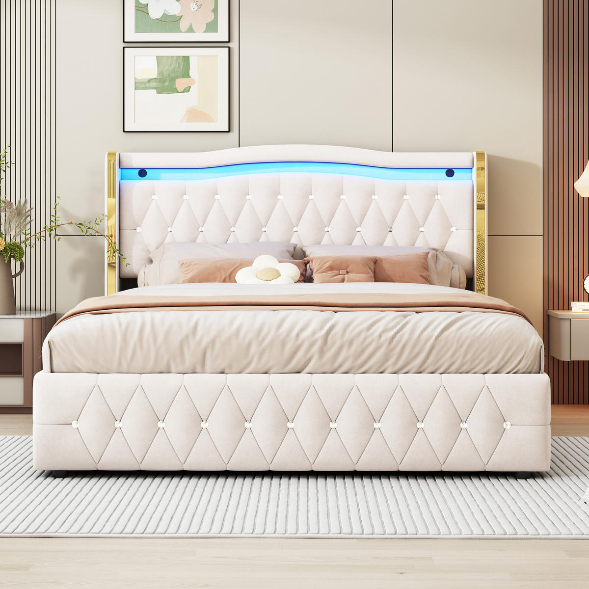 POLSTERBETT 160/200 cm beige mit LED-Beleuchtung und hydraulischem Stauraum - Beige, Textil (160/200cm) - OKWISH