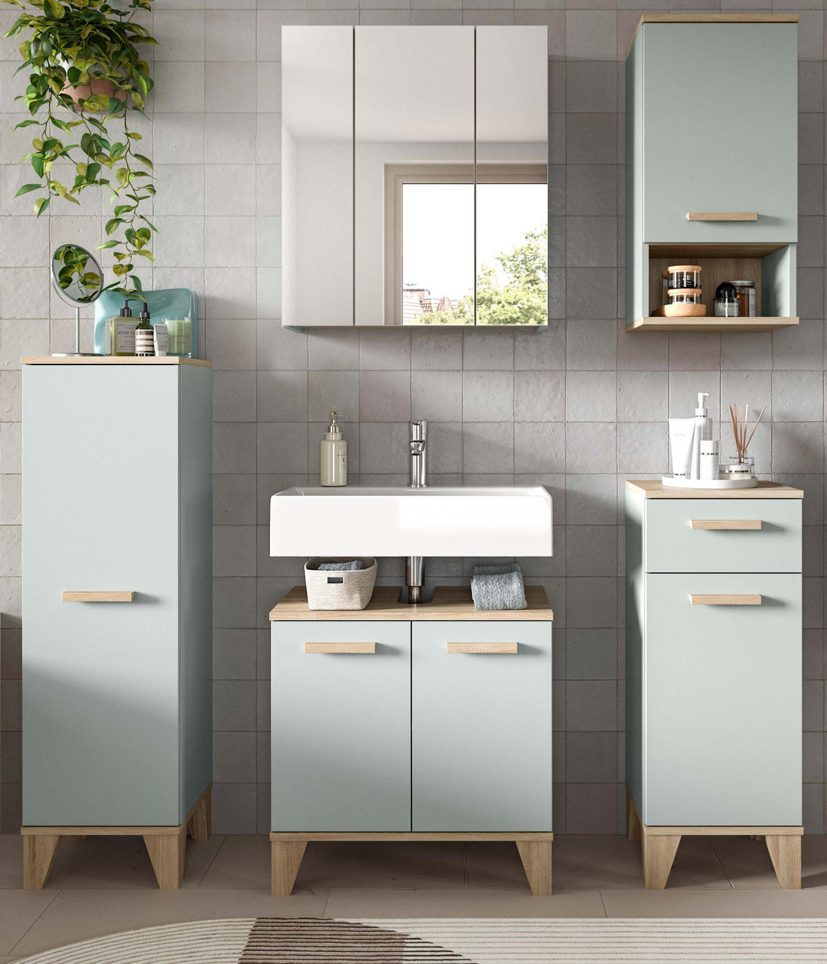 BADMÖBEL-SET 5-teilig grün, Eiche 158 x 190 cm, Komplettset mit viel Stauraum - Eichefarben/Grün, Glas/Holzwerkstoff (158/190/34cm) - Inn.Furn