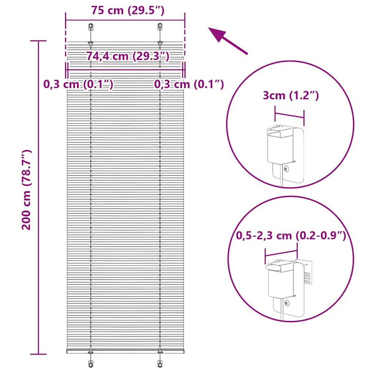 PLISSEE 75/200 cm Stoffbreite 74,4 cm aus Polyester Weiß - Weiß, Textil (75/200cm) - vidaXL
