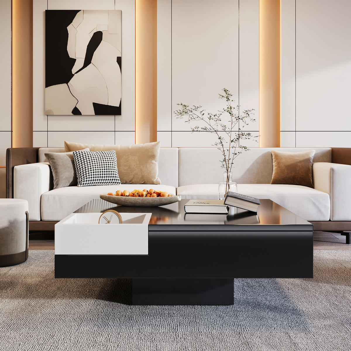 COUCHTISCH, Hochglanz-Design auf Spanplatte, abnehmbare Aufbewahrungsbox & RGB-LED, 72/72/30 cm, Schwarz + weiß - Schwarz, Holzwerkstoff (72/72/30cm) - Redom