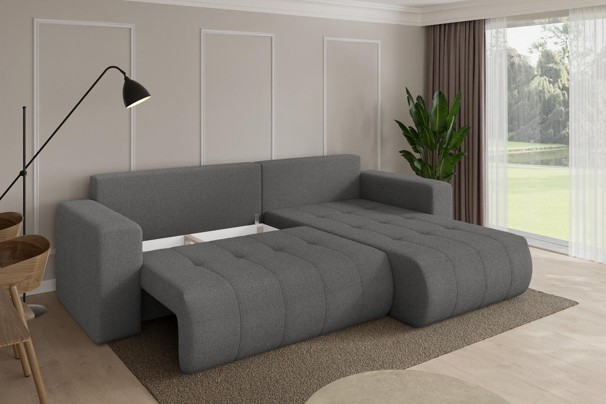ROHOVÁ SEDAČKA s funkcí spaní, otoman vpravo MILA-L 277x194x86 šedá bouclé - šedá/černá, kompozitní dřevo/textil (277/194cm) - ALTDECOR