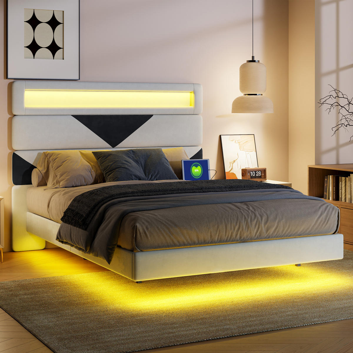 ČALÚNENÁ posteľ 160x200cm zamatová s USB - biela, drevo - SHOPENTRA