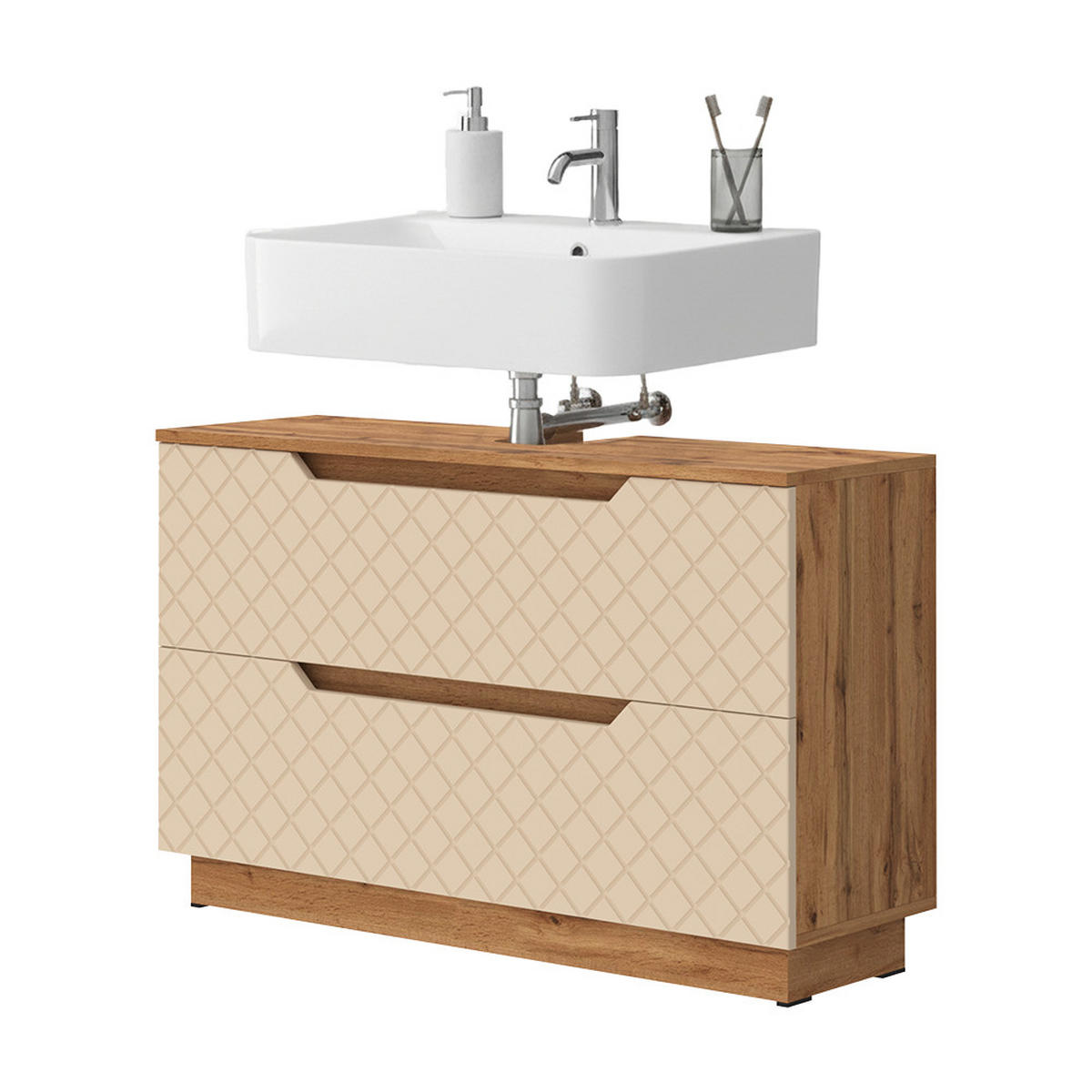 WASCHBECKENUNTERSCHRANK Lotta Eiche/Kaschmir mit Kachelstruktur 99.4 x 62.5 cm mit 2 Schubladen - Kaschmir/Eichefarben, Holzwerkstoff (99.4/62.5/32cm) - Vicco