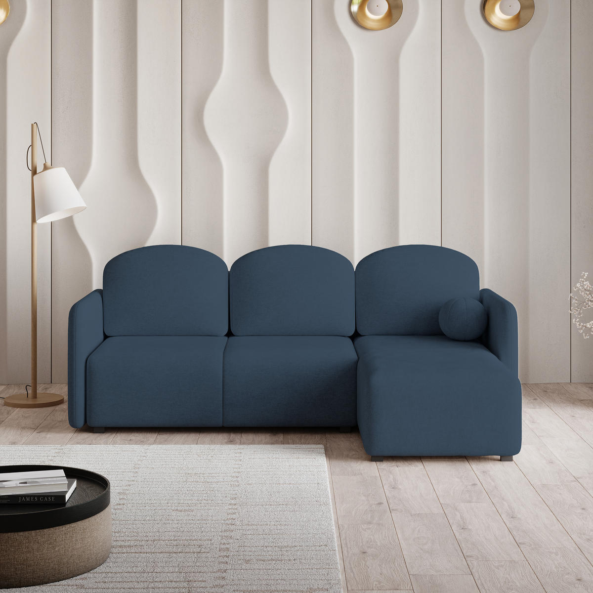 ECKSOFA SUVINO Blau Geflochtener Stoff mit Schlaffunktion - Blau, Holz (230/143cm) - MASSENO