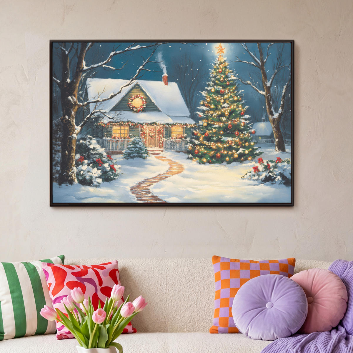 LEINWAND Bilder mit Rahmen - Weihnachten - Weihnachtsbaum - Winter - Zuhause - Schnee - 90x60 - Smaragdgrün, Textil (90/60cm) - MuchoWow
