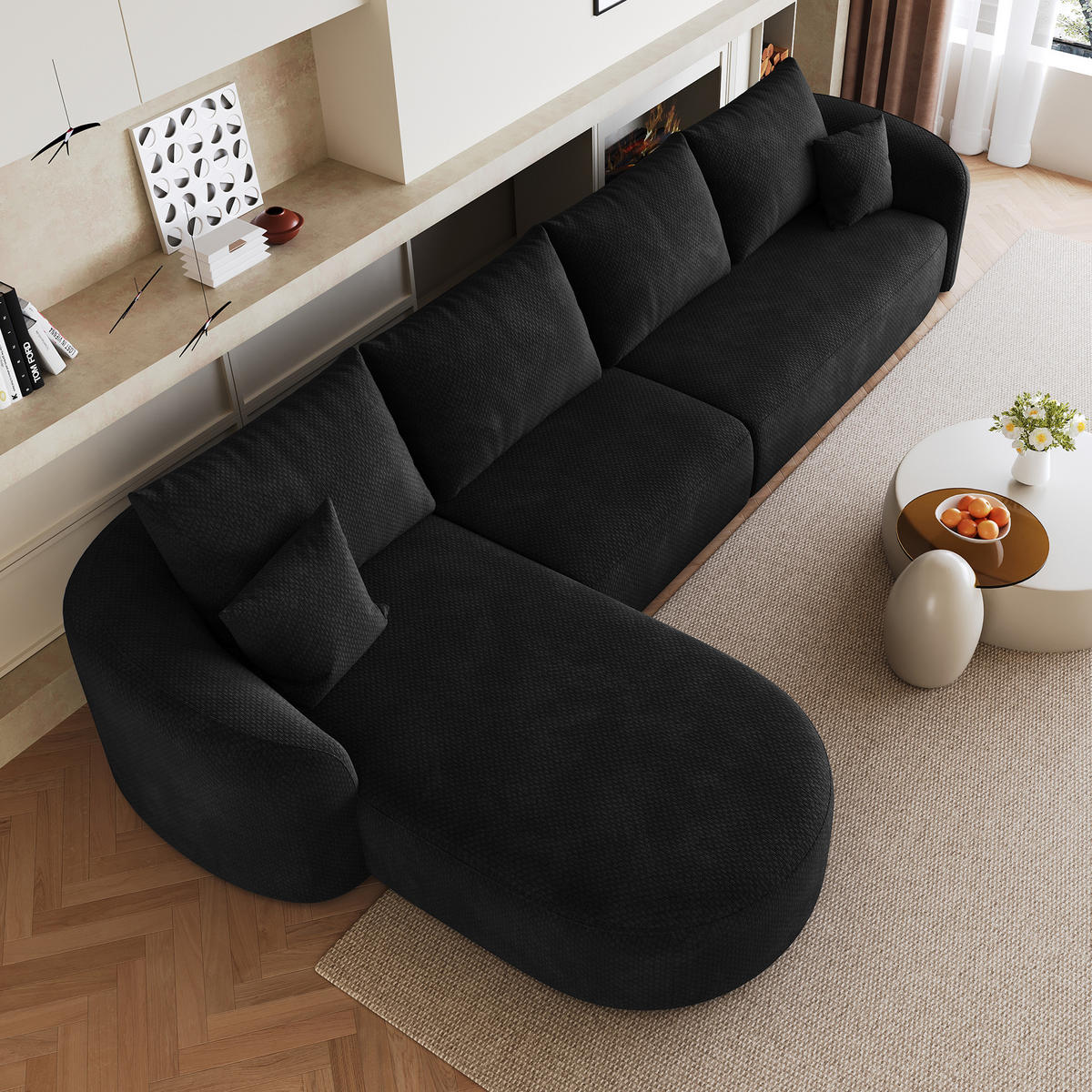 ECKSOFA 336/168/85 cm Schwarz Chenille mit Chaiselongue, Linke Seite - Schwarz, Textil (336/168cm) - Oxeza