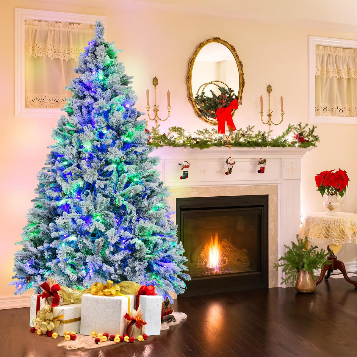 WEIHNACHTSBAUM mit Beleuchtung Schnee und Zapfen 210 cm weiß - Weiß, Metall (210cm) - COSTWAY