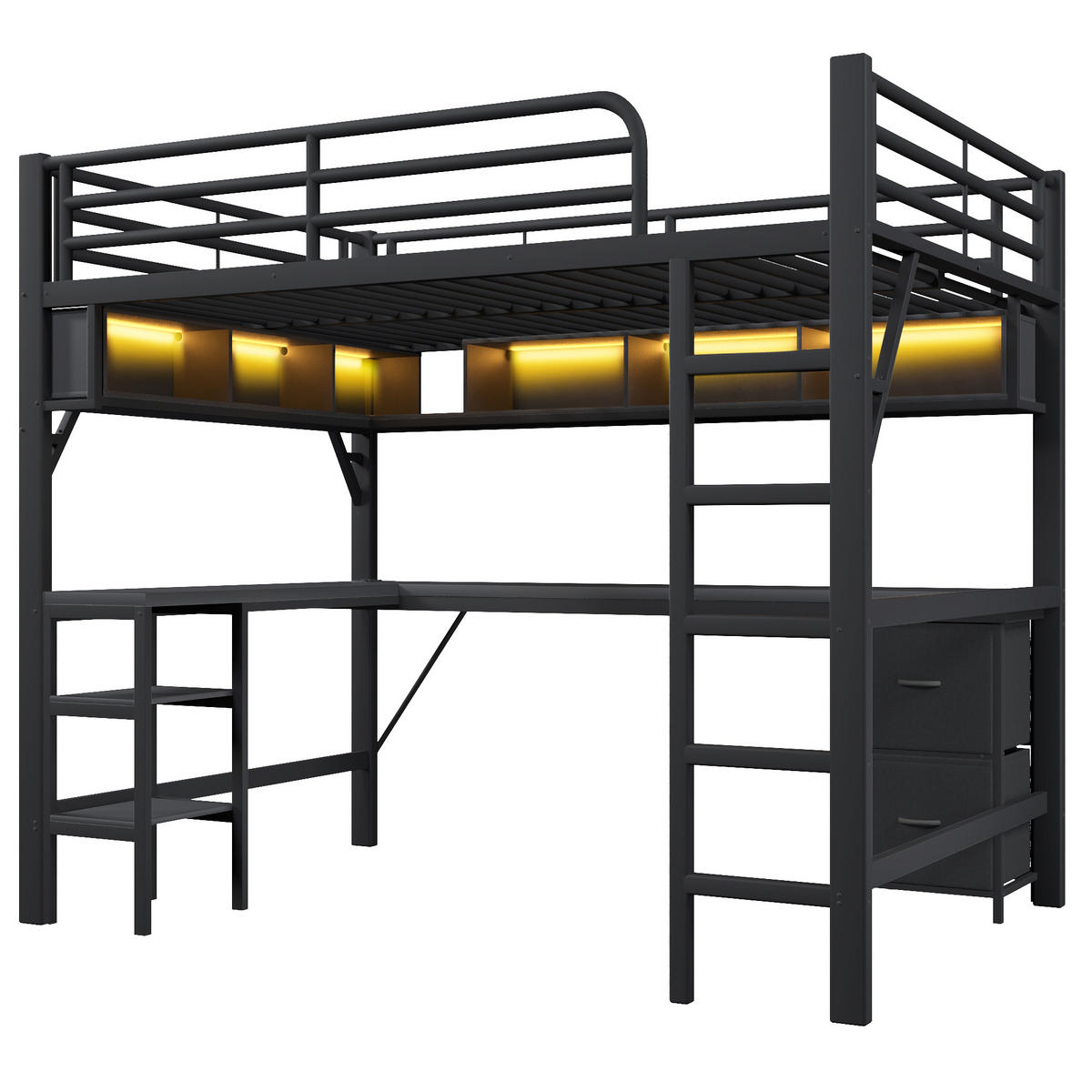 HOCHBETT 140/200 cm in Schwarz mit Schreibtisch, Regal, Schubladen, LED und USB - Schwarz, Holzwerkstoff/Metall (140/200cm) - WISHDOR