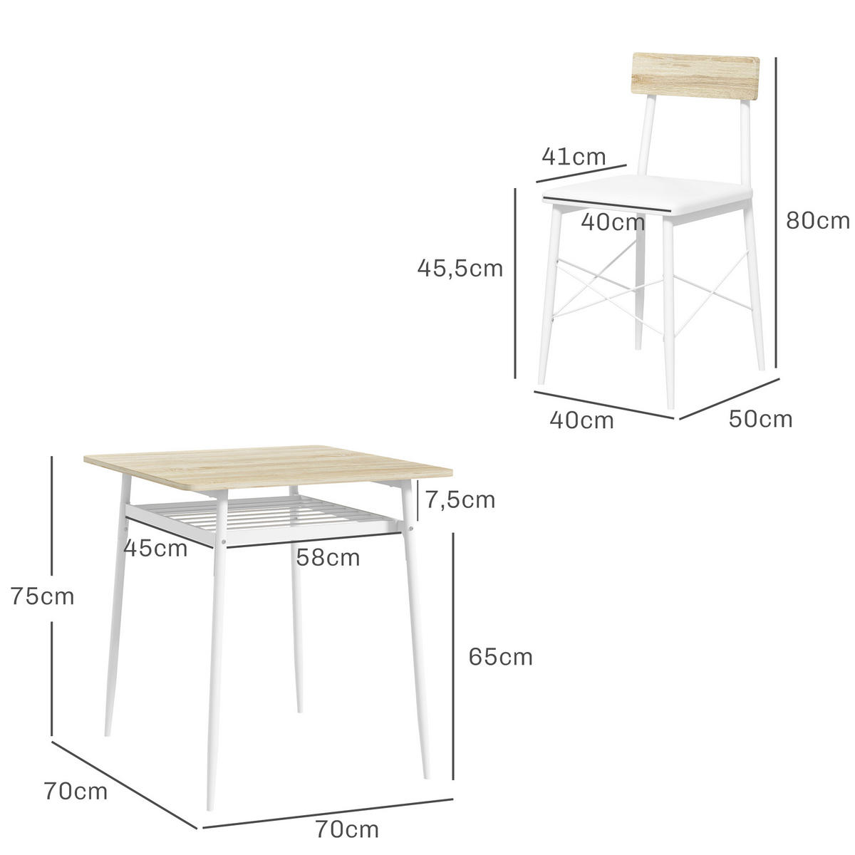 TISCH- und Stuhlset, Küchentisch mit Stühlen, Stahlgestell, mit 2 stapelbaren Stühlen, Weißeiche - Eichefarben, Metall (70/75/70cm)