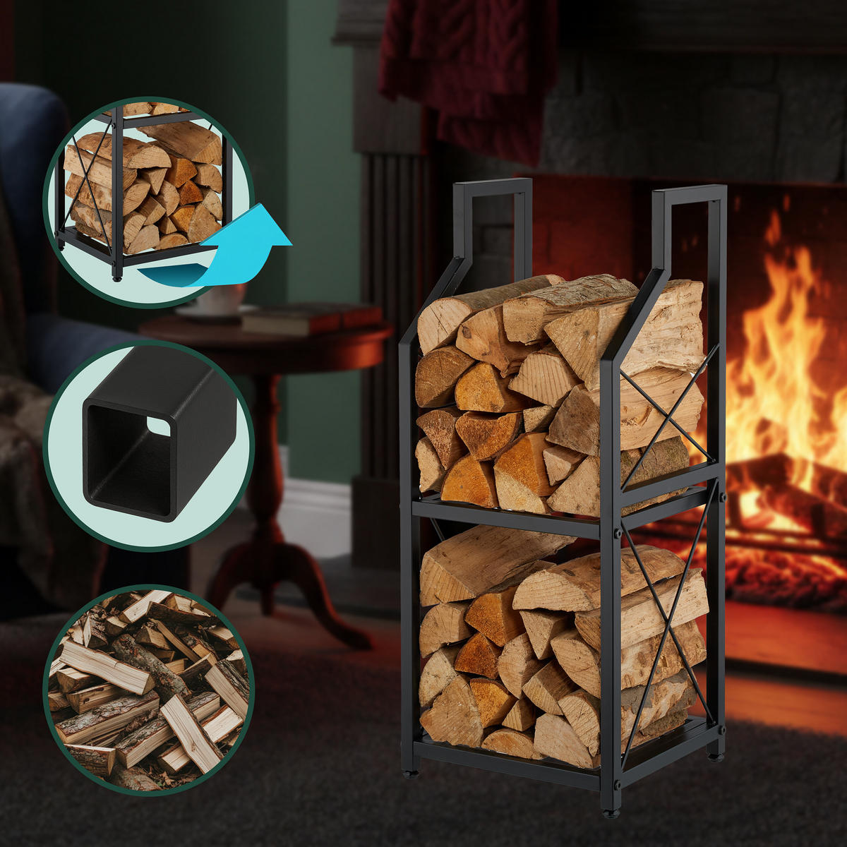 KAMINHOLZREGAL - Schwarz, Metall (34.5/81.5/30.5cm) - Relaxdays