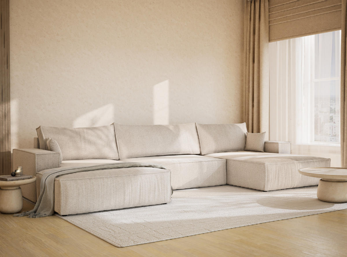 WOHNLANDSCHAFT Kyoto Hellbeige Webstoff - Creme/Schwarz, Holz/Holzwerkstoff (398/70/148cm) - Maison de Reve